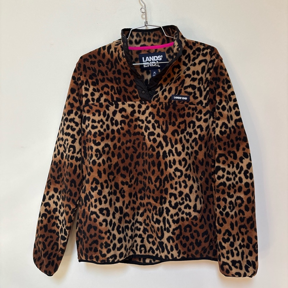 Lands End Women’s Leopard Fleece Quarter Snap Size Medium